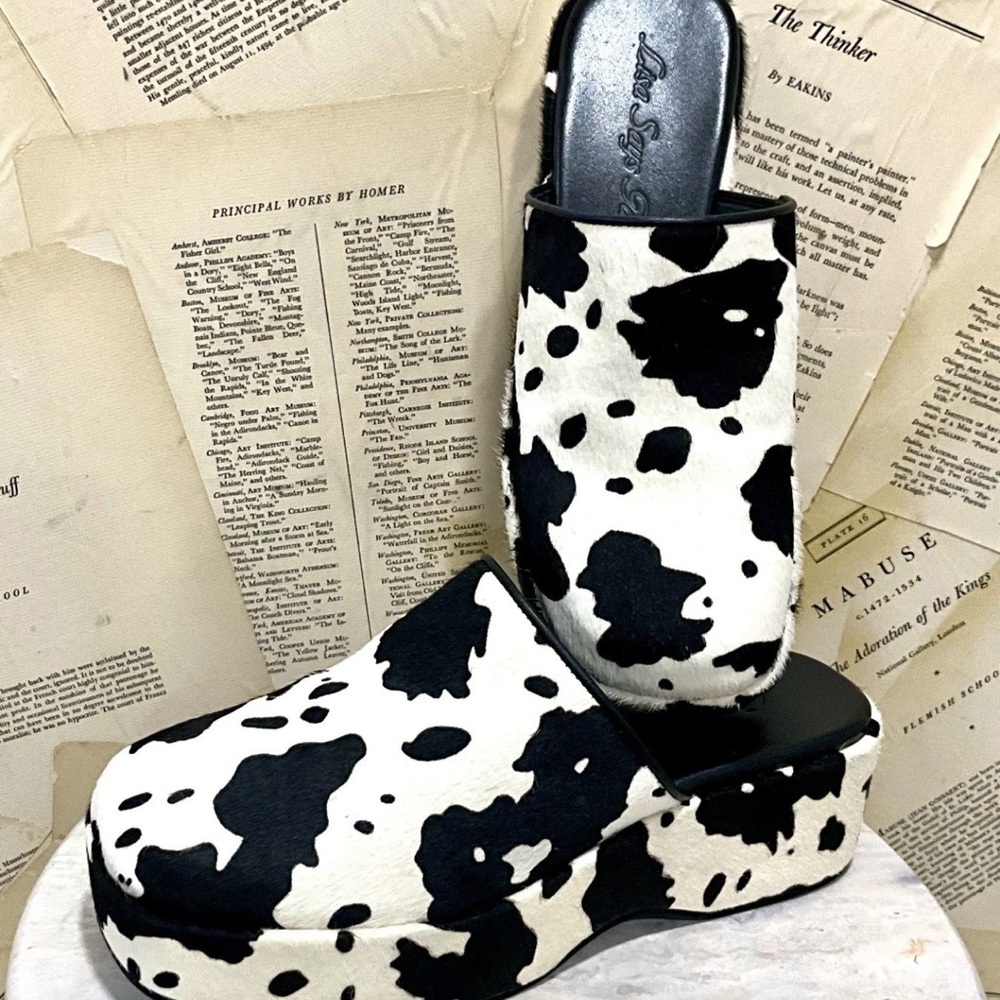 Anthropologie Lisa Says Gah Dakota Platform Clog Black White Cow Faux Hair - Picture 2 of 9